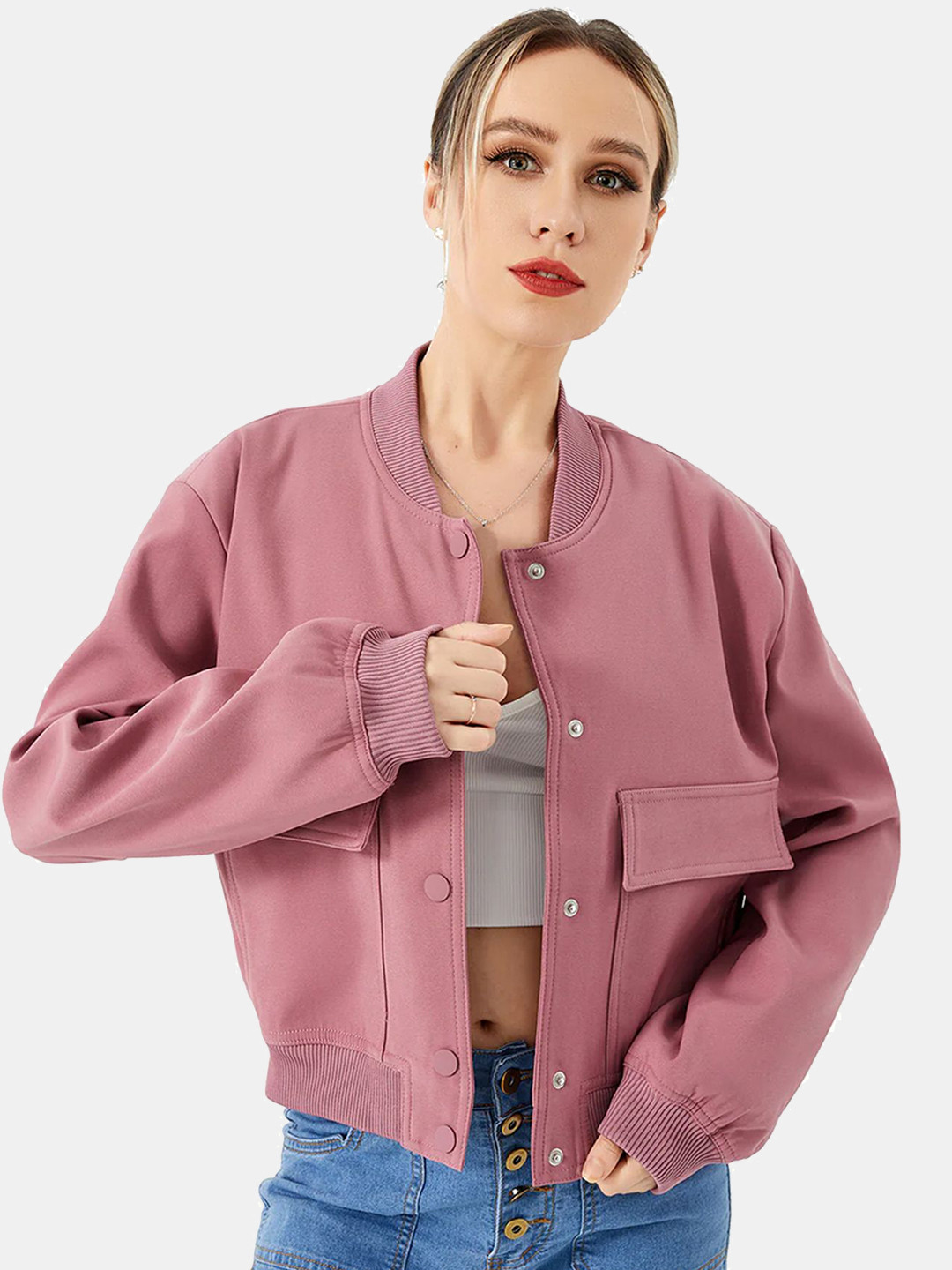

LULU & SKY Women Collarless Solid Casual Denim Jacket, Pink