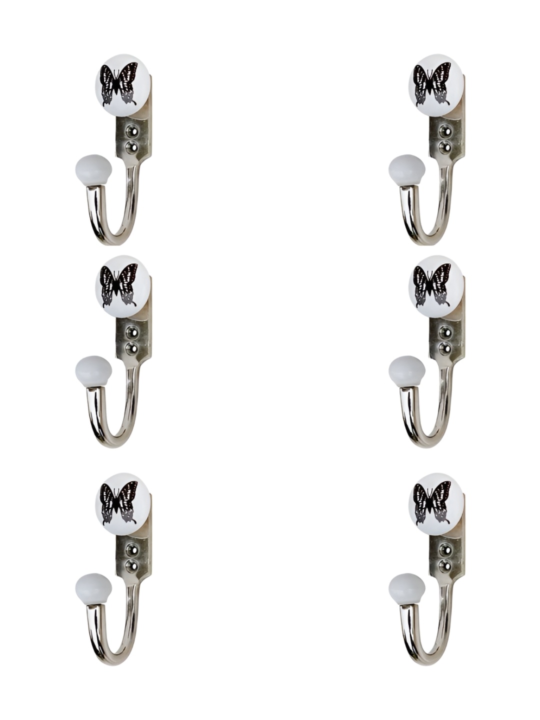 

IndianShelf White & Black 6 Pieces Butterfly Printed Ceramic & Zinc Wall Hooks