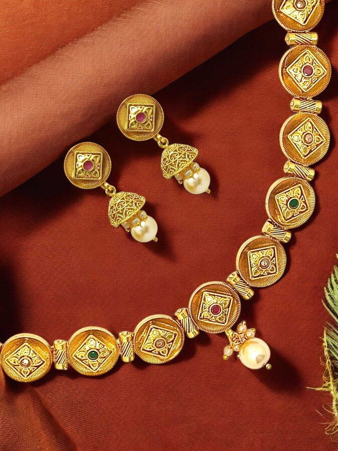 

FEMMIBELLA Gold Plated Stone Studded & Beaded Jewellery Set