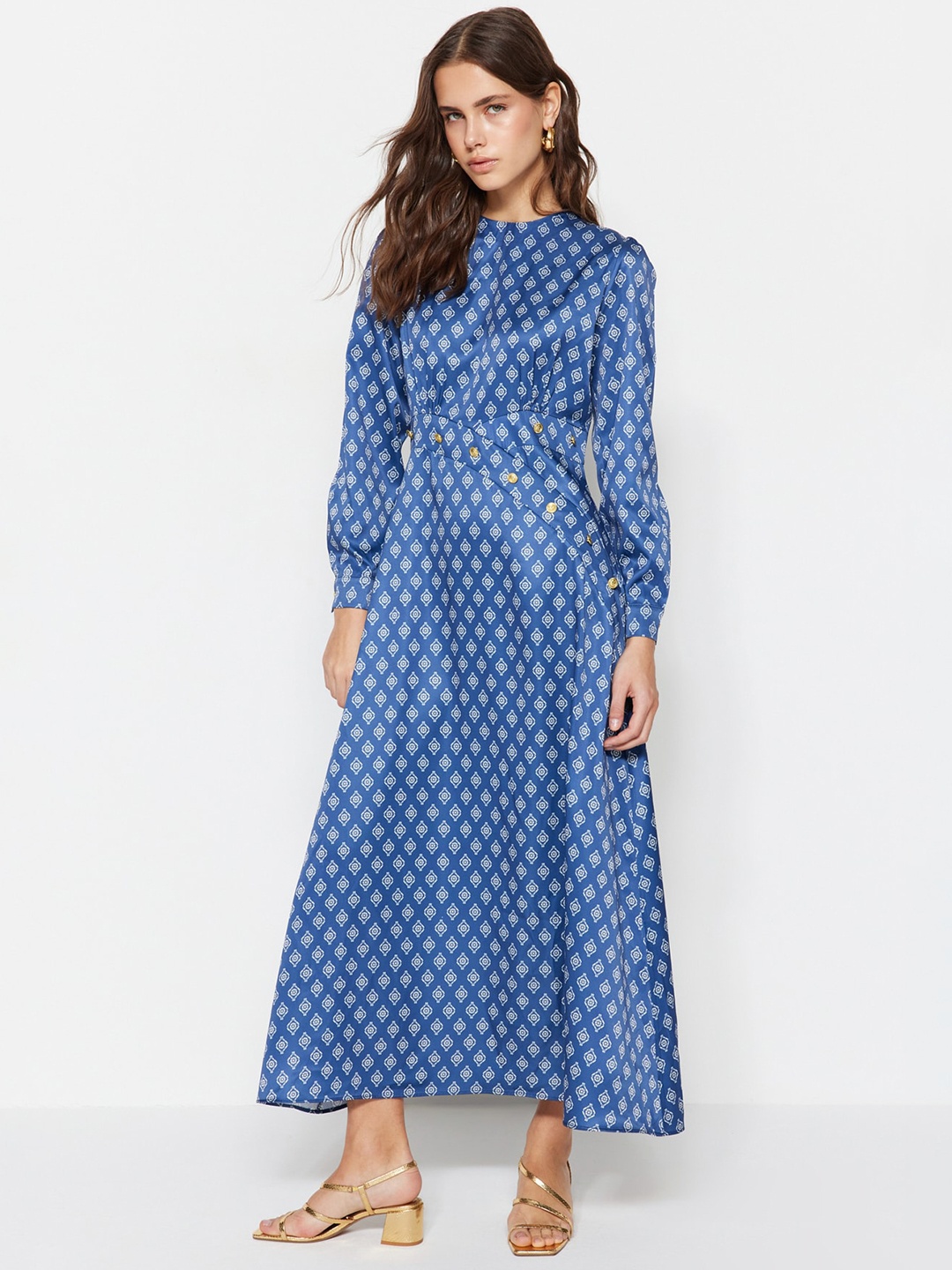 

Trendyol Ethnic Motifs Printed Cuffed Sleeve Maxi Dress, Navy blue