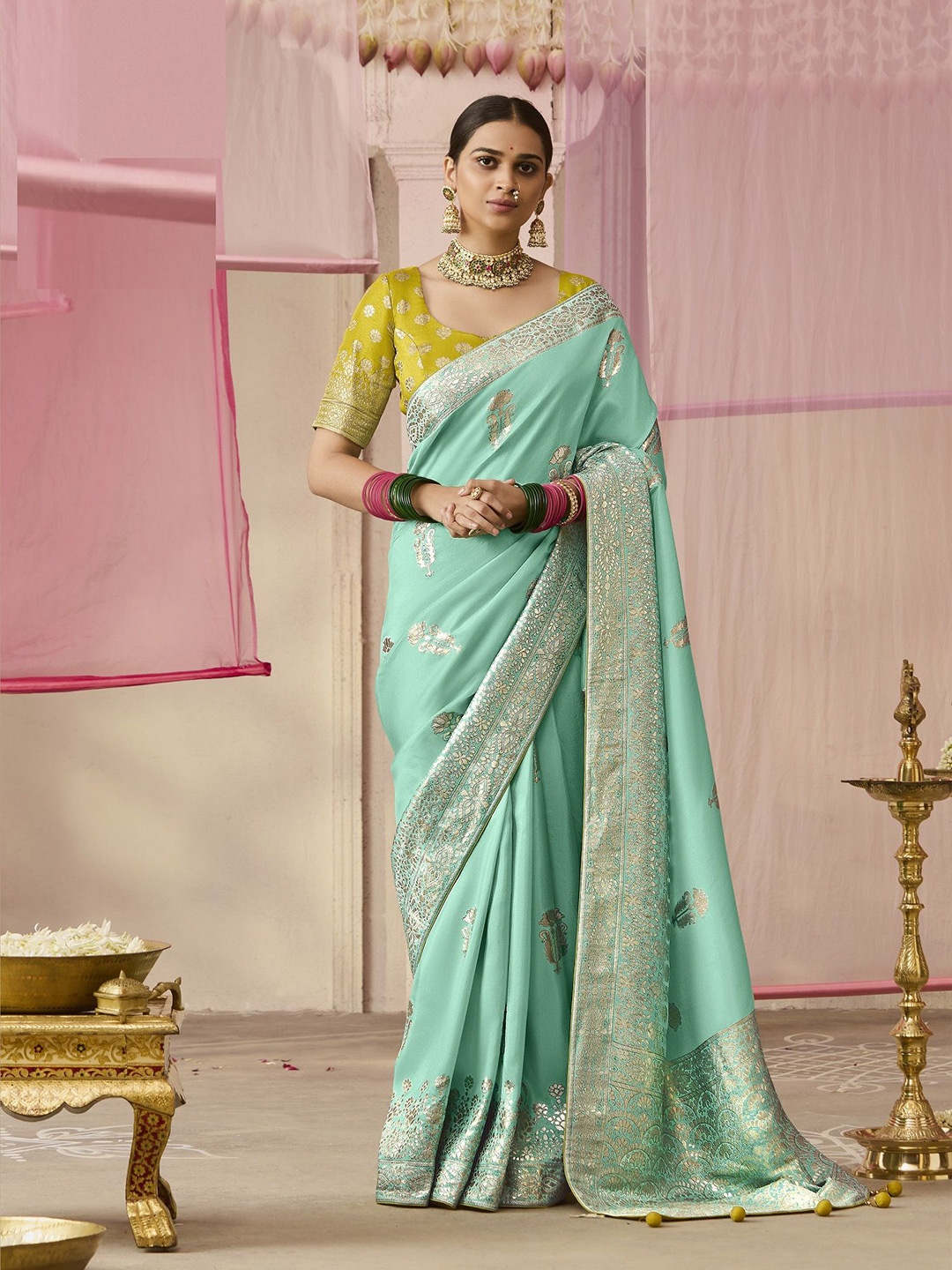 

MAHALASA Woven Design Zari Pure Silk Banarasi Saree, Sea green