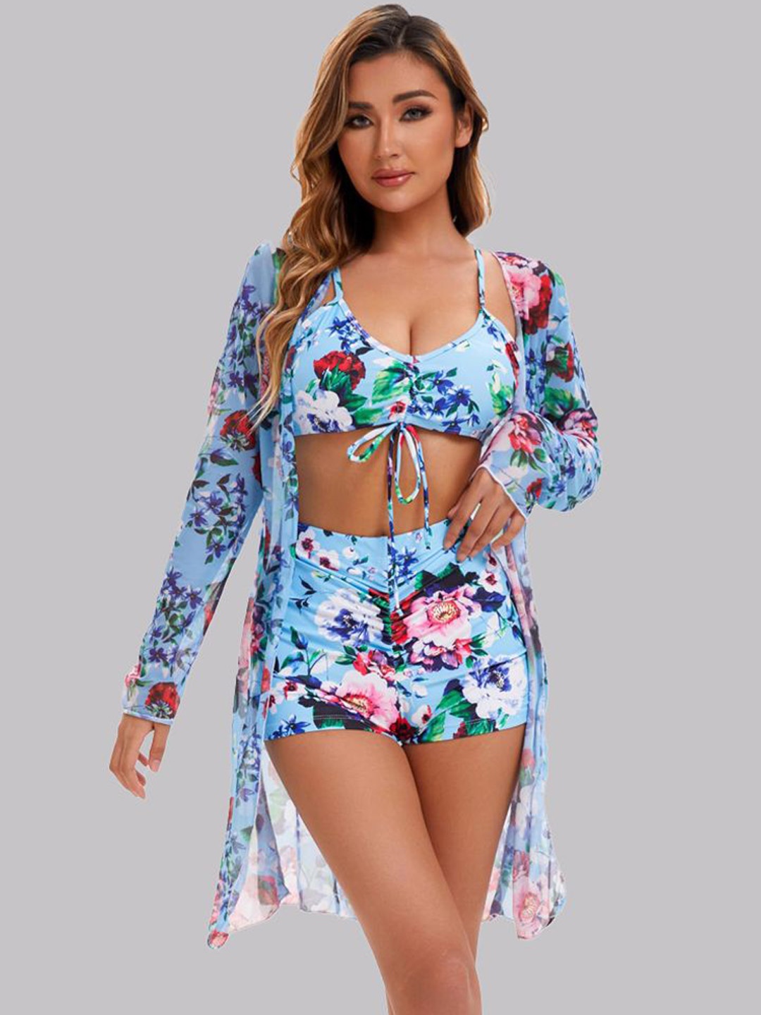 

KRENOZ Women 3Pcs Floral Printed Swim Set, Blue