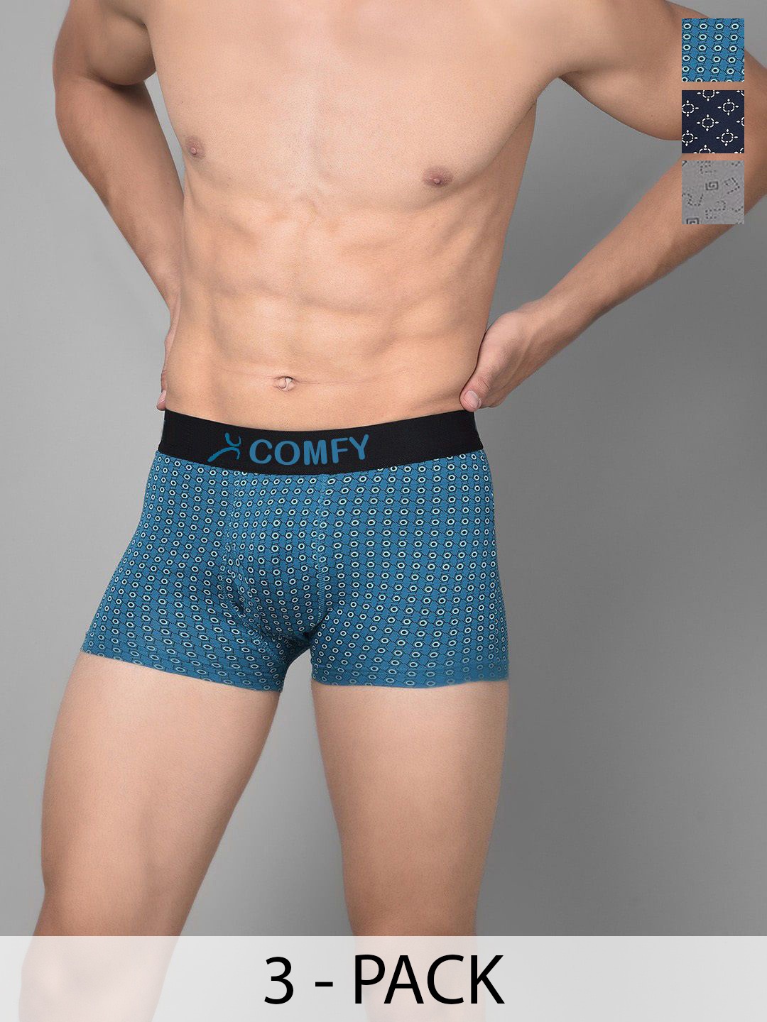 

AMUL COMFY Men Pack Of 3 Assorted Pure Cotton Trunks - Comfy-Printed-Trunk-OE-3-95, Blue