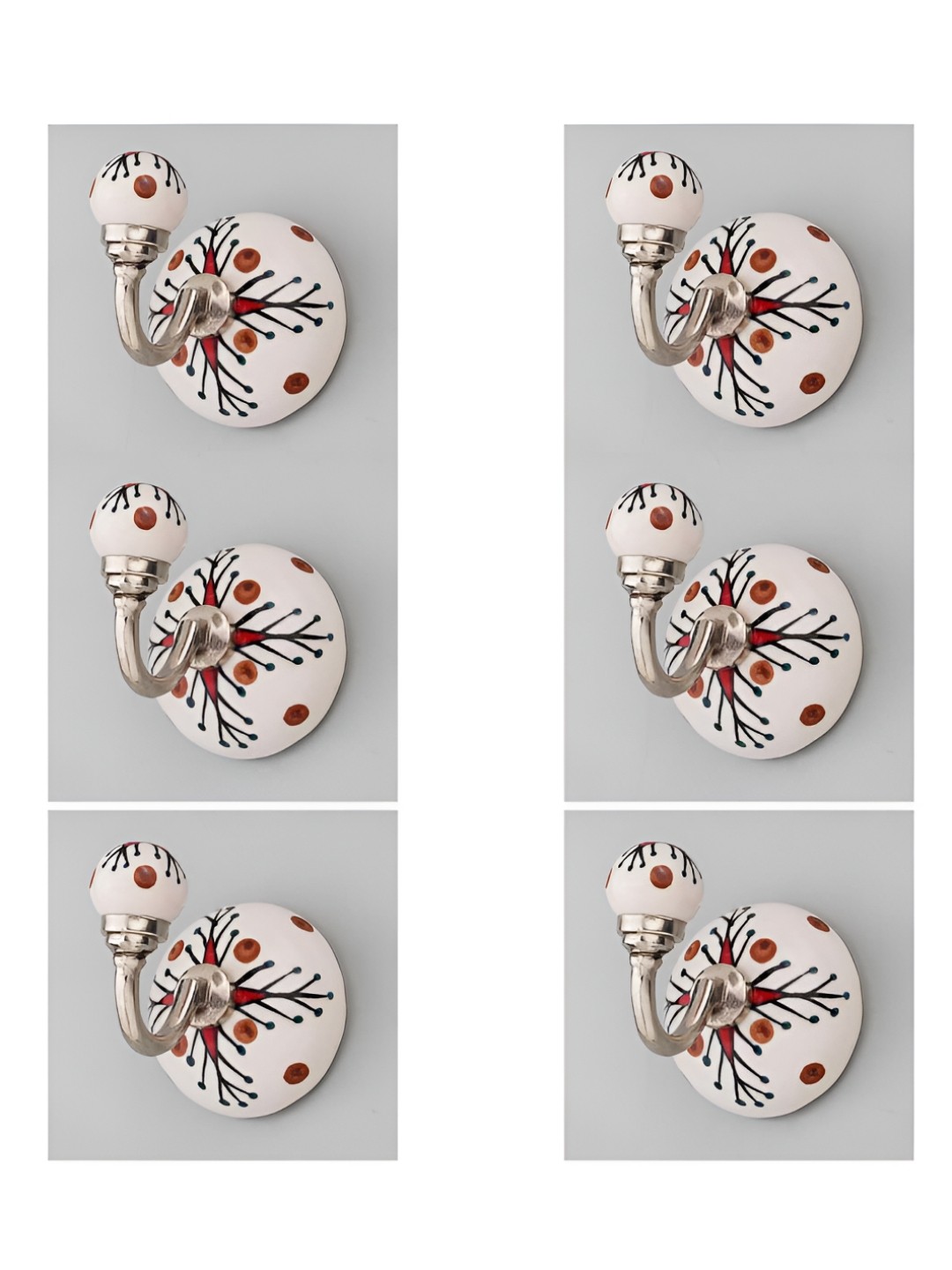 

IndianShelf White & Red 6 Pieces Floral Printed Ceramic Wall Hooks