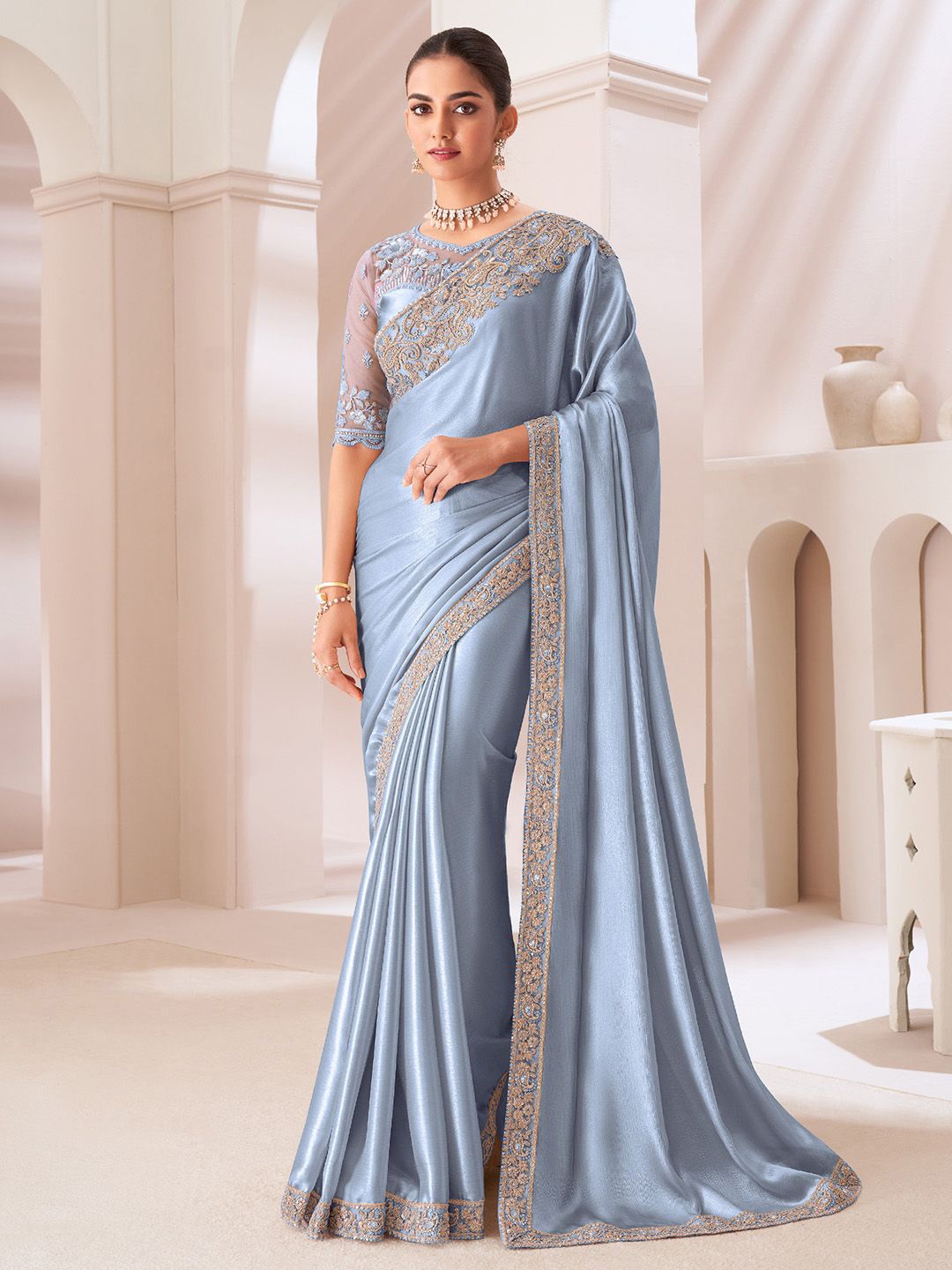 

Mitera Sequinned Pure Chiffon Saree, Blue