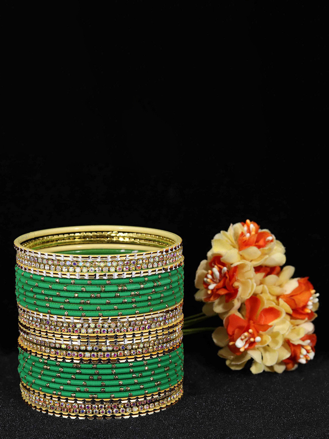 

Set of 28 Non-Precious Metal with Base Metal and Studded Rainbow Zircon Gemstone Bangles, Green