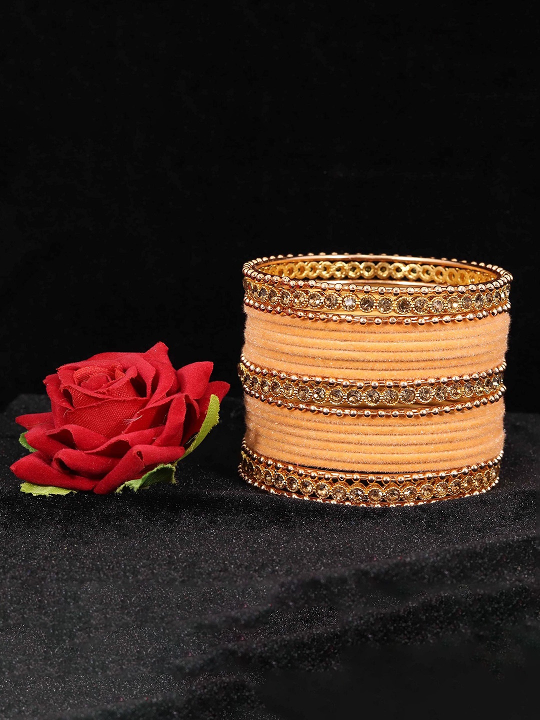 

Set Of 40 Non-Precious Metal with Base Metal Zari Dotted and Pearls Traditional Bangle, Peach