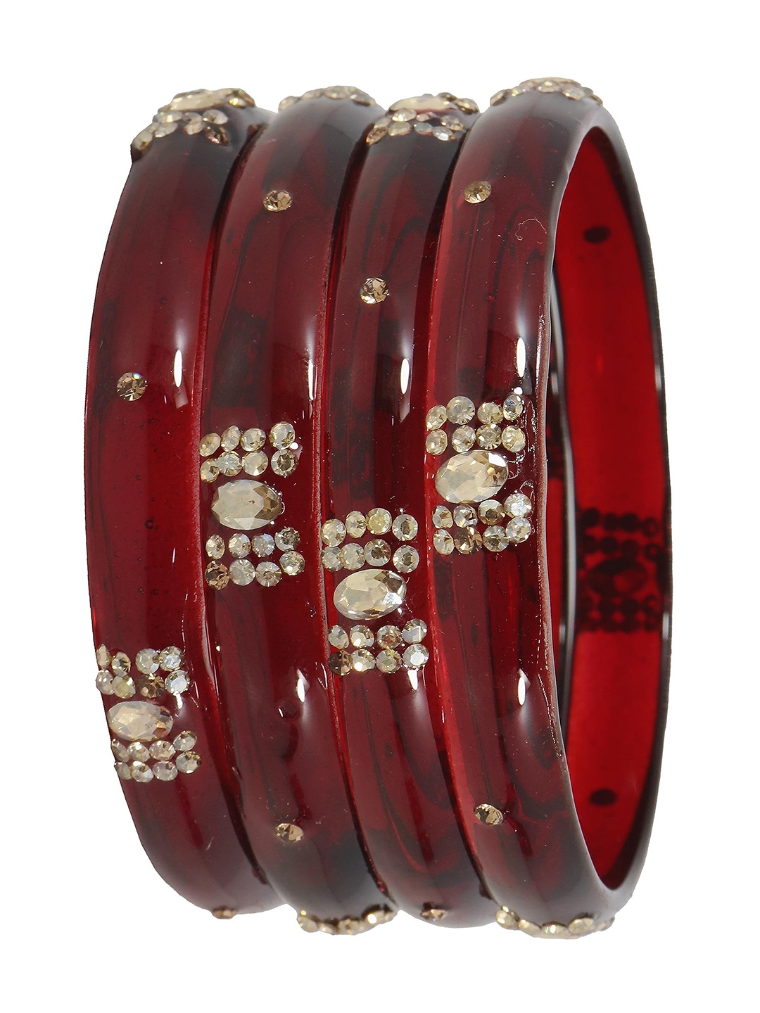 

ZULKA Set of 4 Zircon Gemstone Studded Glass Bangles, Maroon