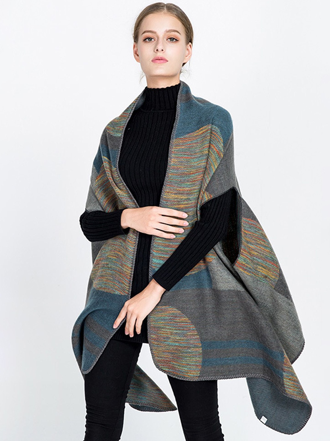 

LULU & SKY Women Colourblocked Longline Shrug, Blue