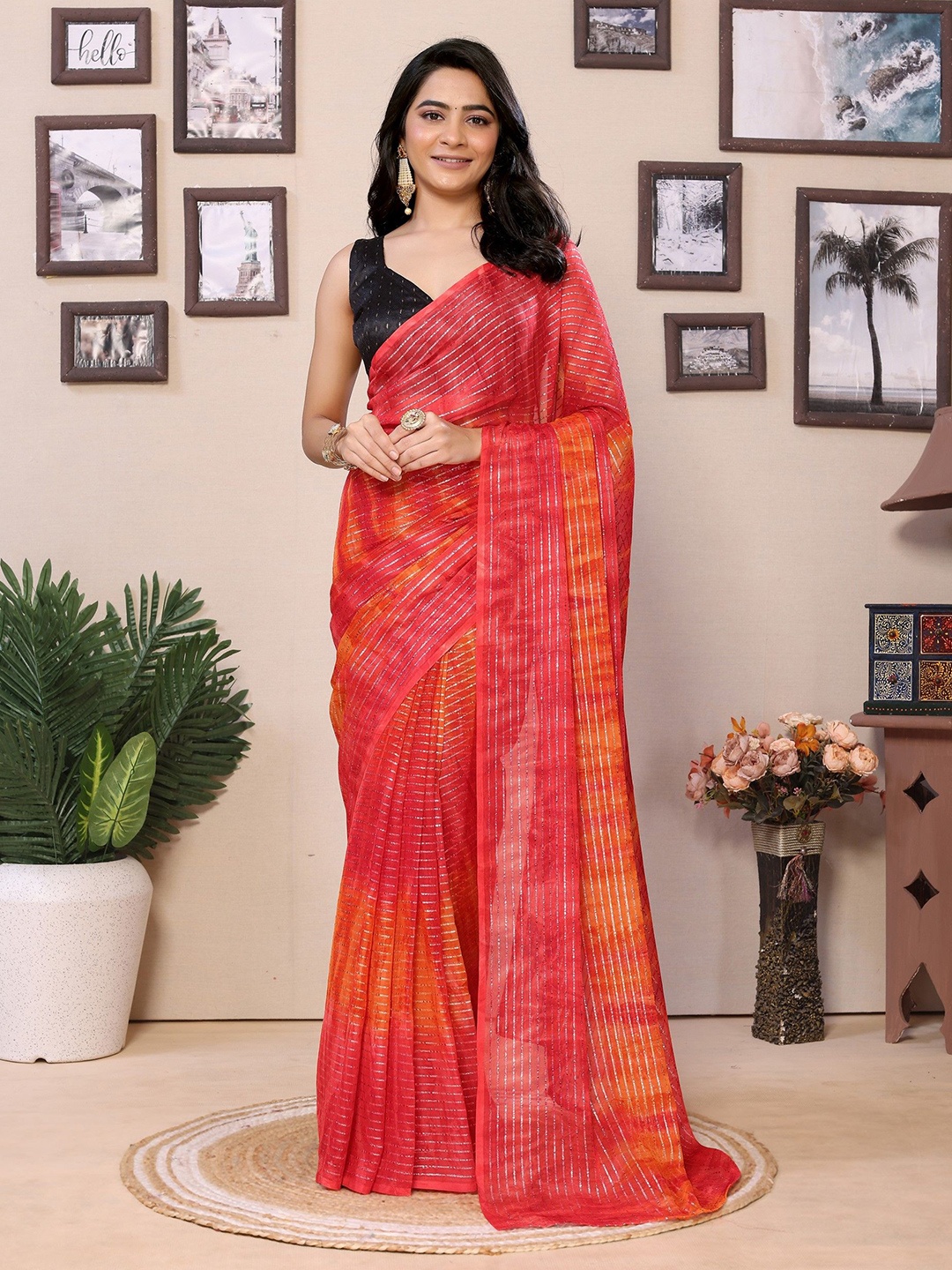 

LeeliPeeri Designer Striped Pure Georgette Saree, Red