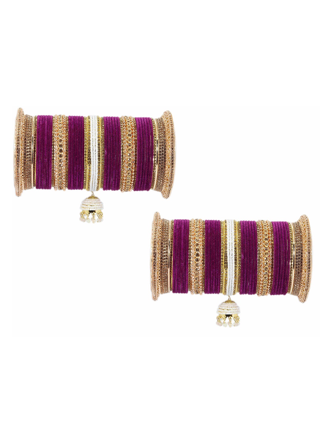 

ZULKA Set of 42 Base Metal and Zircon Gemstone with Pearls Studded Matte Bangles, Magenta