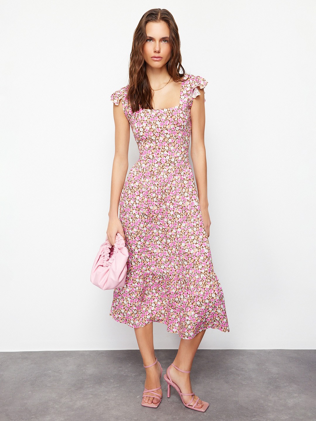 

Trendyol Floral Printed Flutter Sleeve A-Line Midi Dress, Na