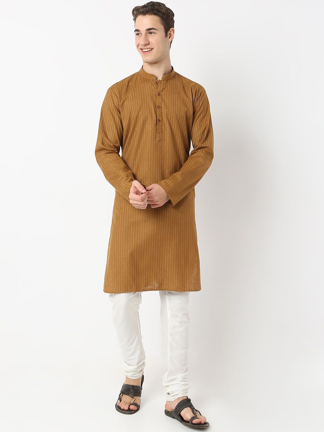 

BELLAZO Striped Mandarin Collar Pure Cotton Straight Kurta, Brown