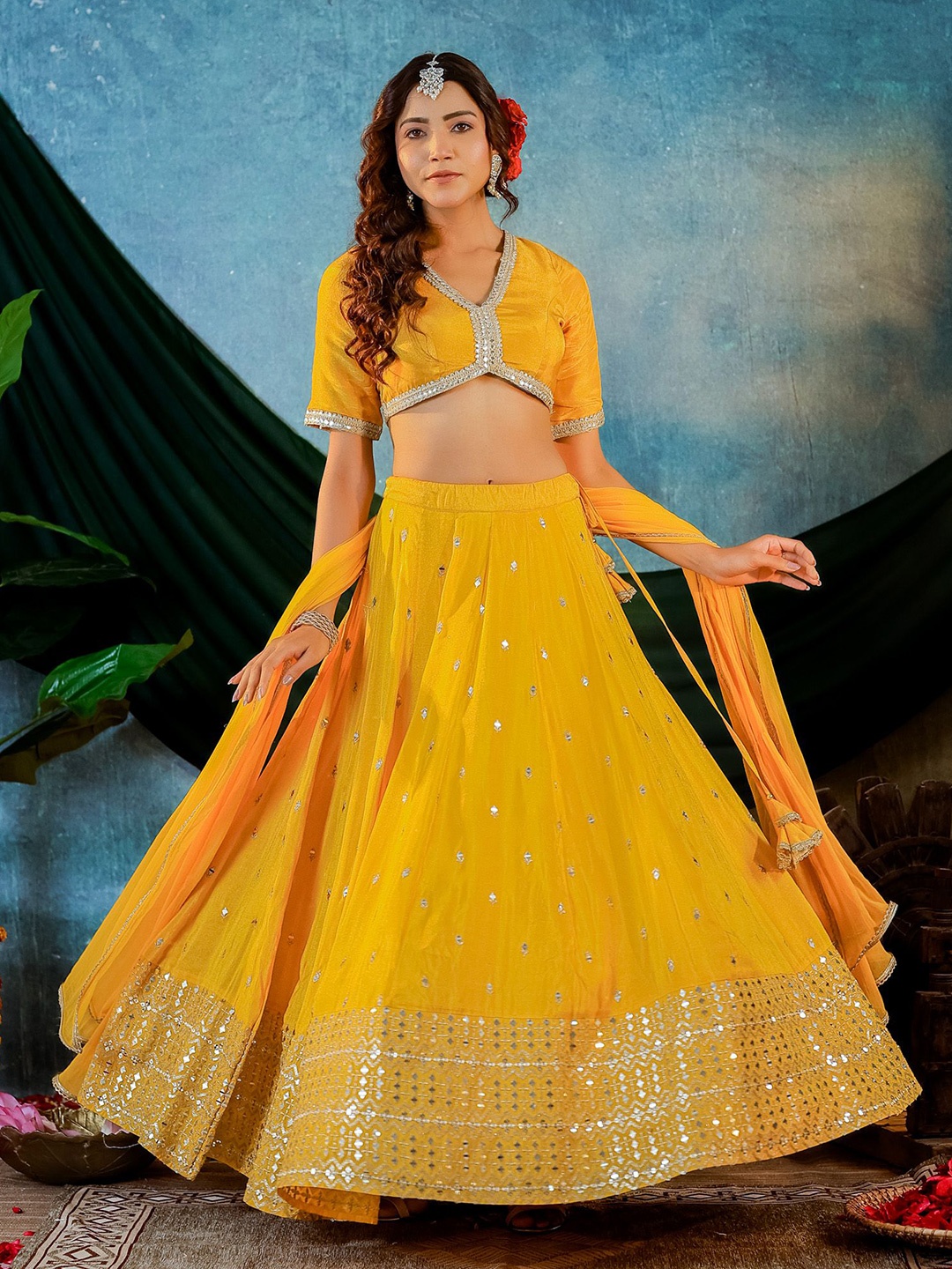 

KASYA Embellished Tissue Ready to Wear Lehenga & Blouse With Dupatta, Mustard