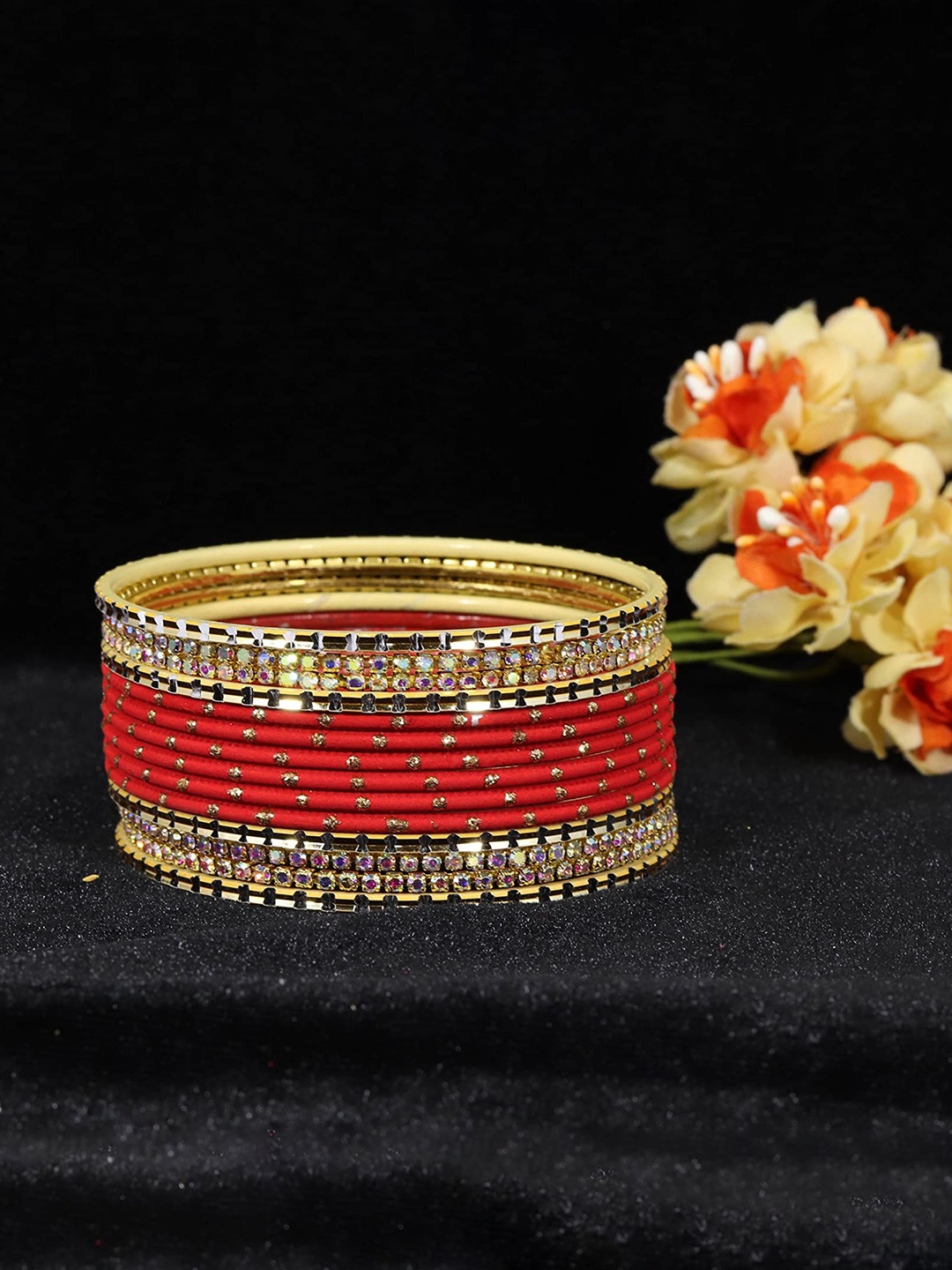 

ZULKA Set of 40 Alloy Artificial Stones and Beads Studded Bangles, Red