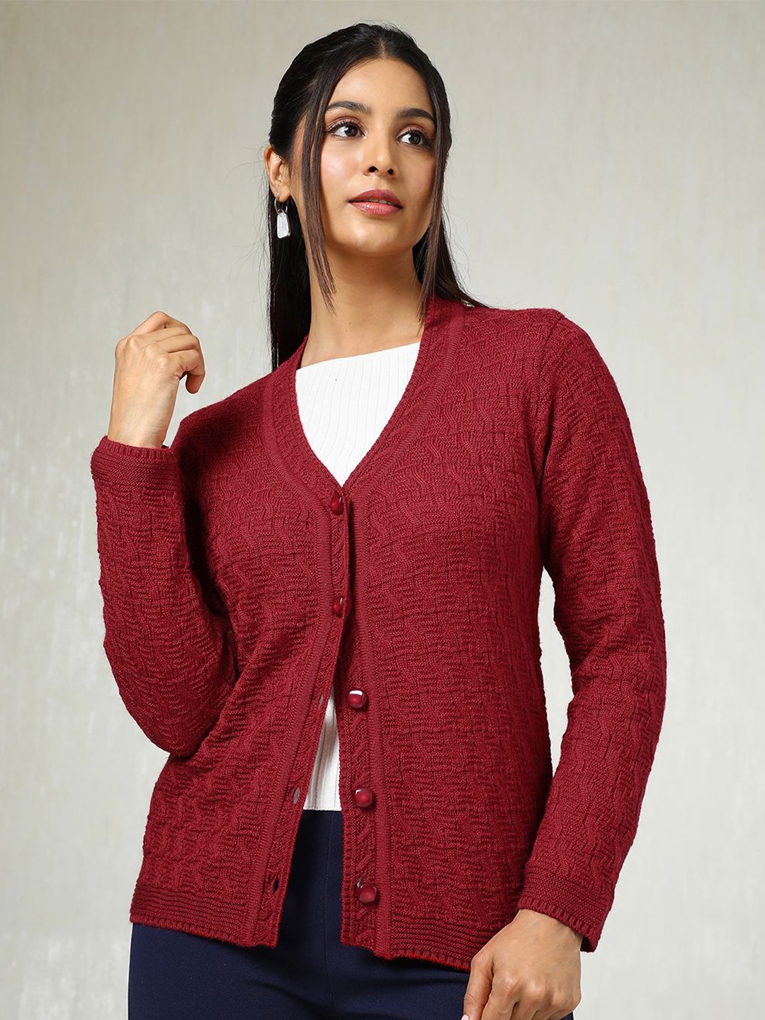 

Soch Women Self Design Cable Knit Cardigan, Maroon