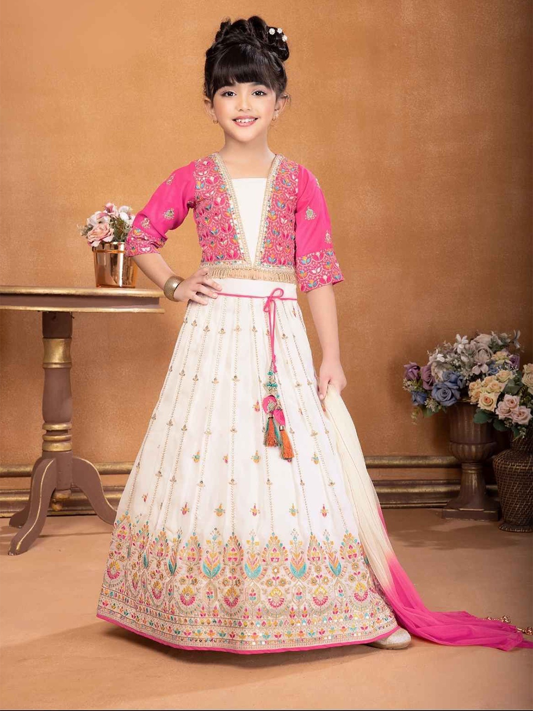 

Lagorii Girls Embroidered Sequinned Ready to Wear Lehenga & Blouse With Dupatta, Pink