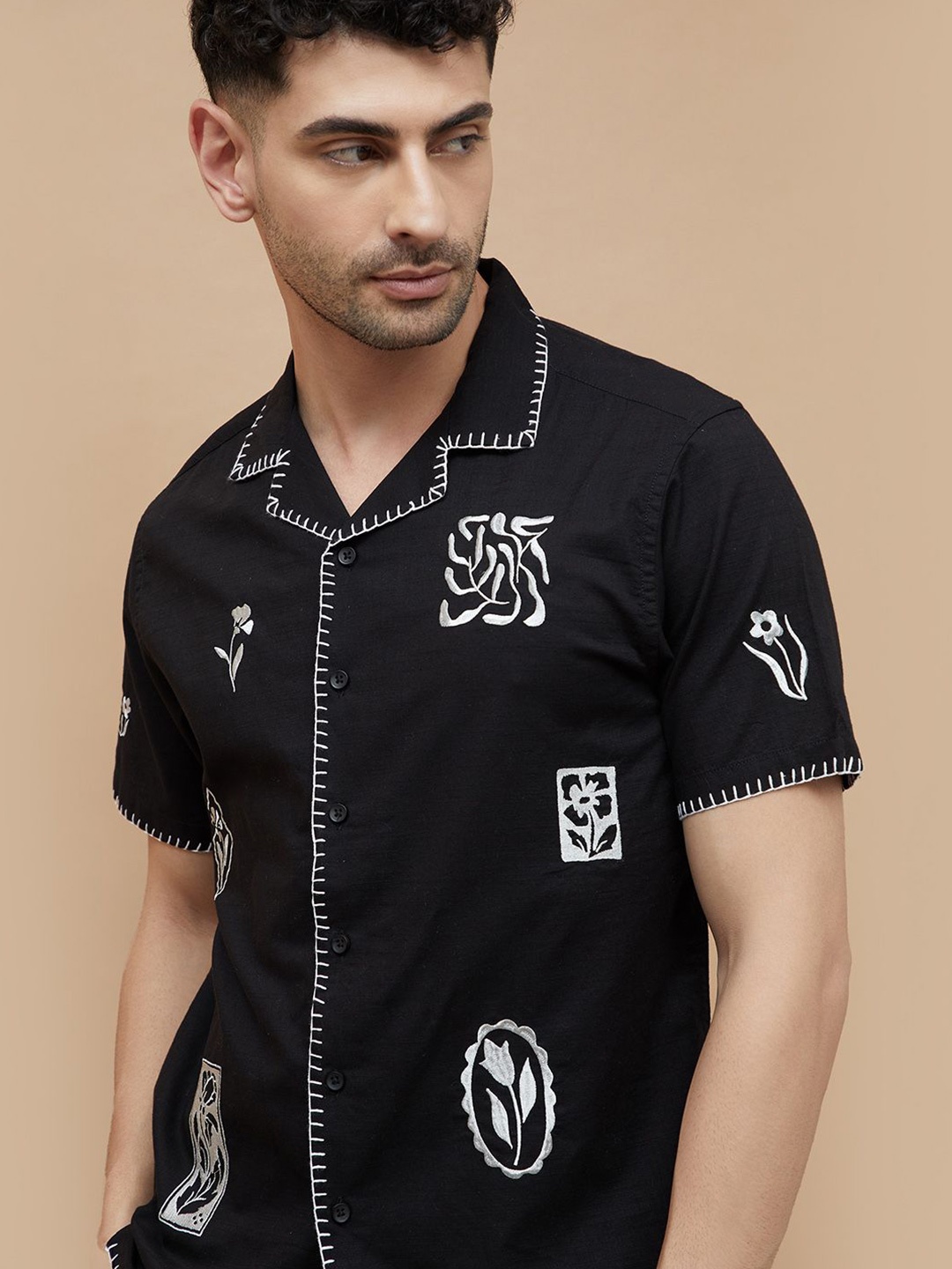 

CODE by Lifestyle Men Cuban Collar Floral Printed Cotton Casual Shirt, Black