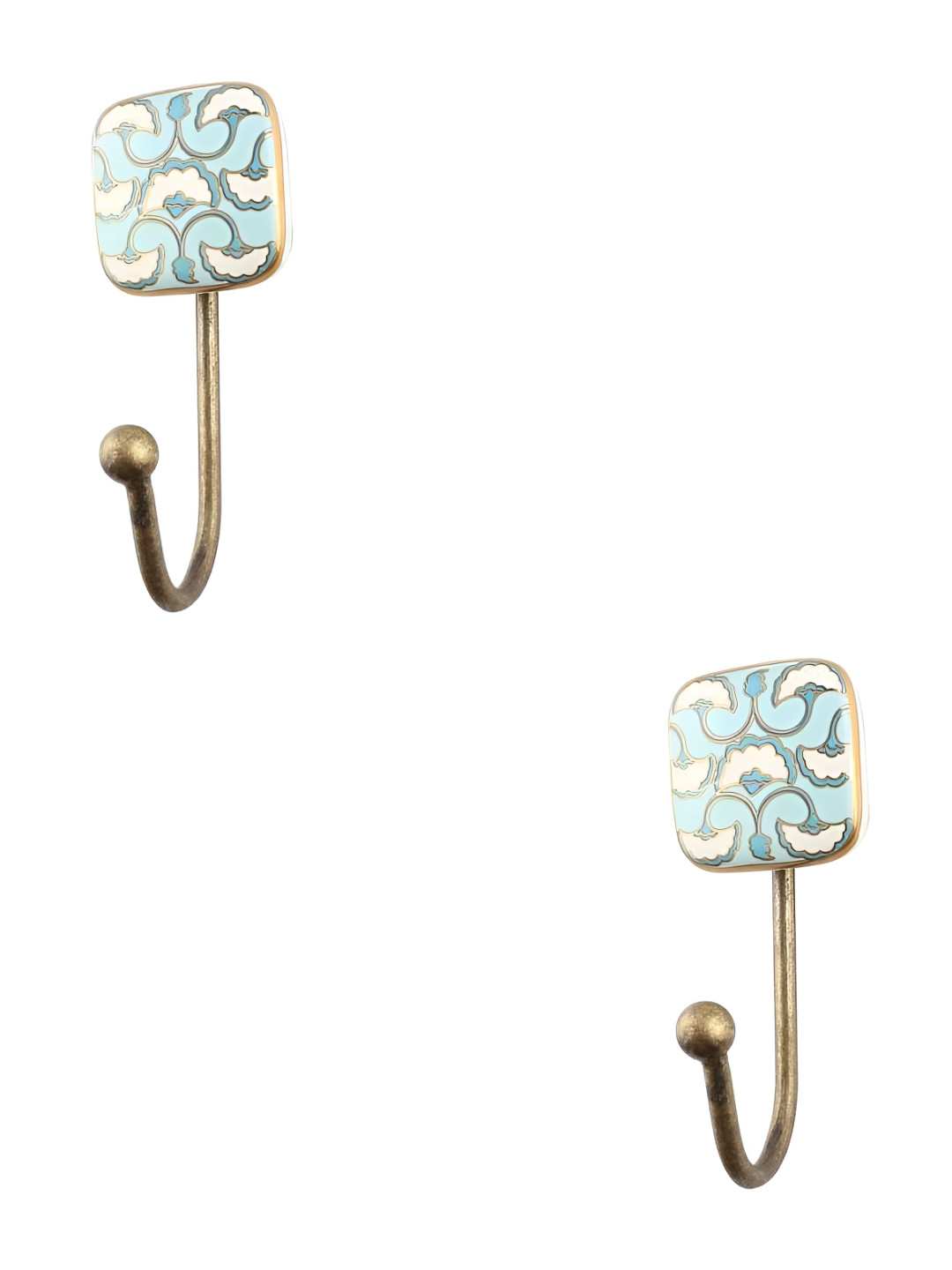 

IndianShelf Gold Toned & Blue 2 Pcs Floral Printed Ceramic Wall Hooks