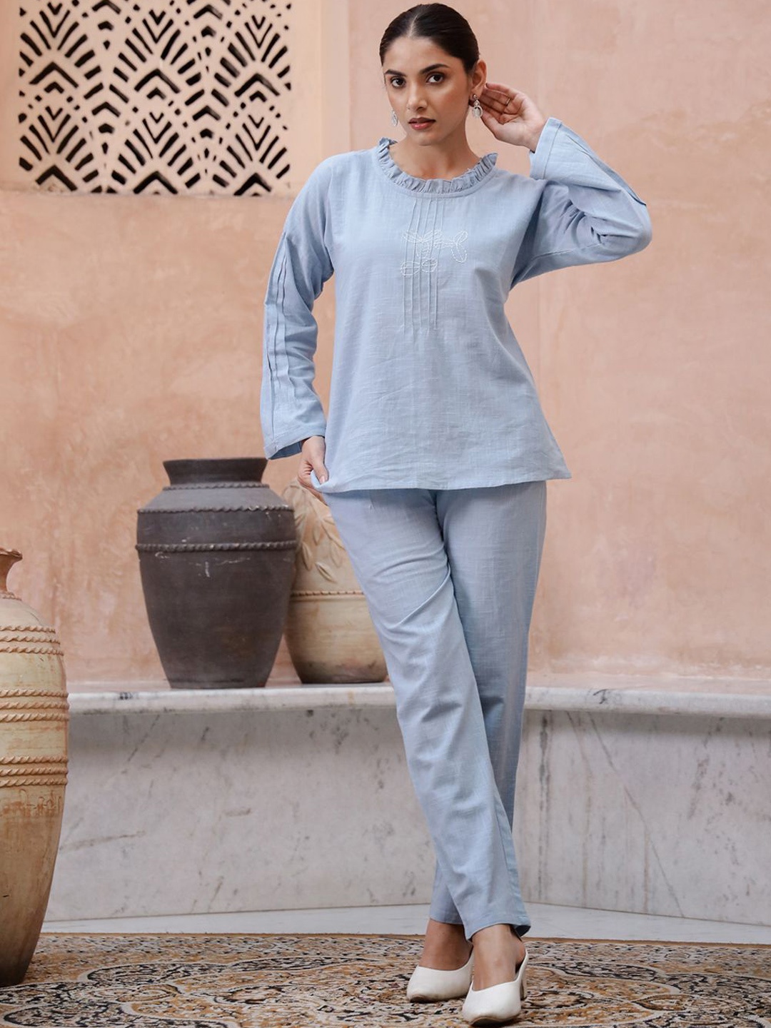 

RangDeep Pure Cotton Ruffles Top With Trouser, Blue