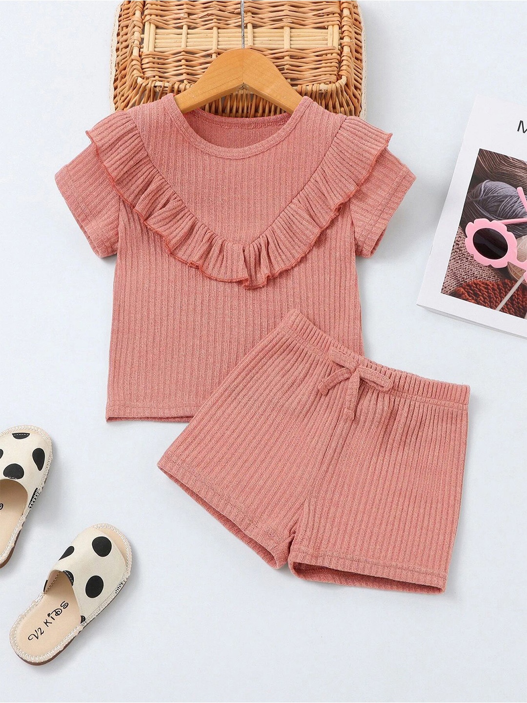 

BAESD Girls Ruffles Detailed Top And Shorts, Peach