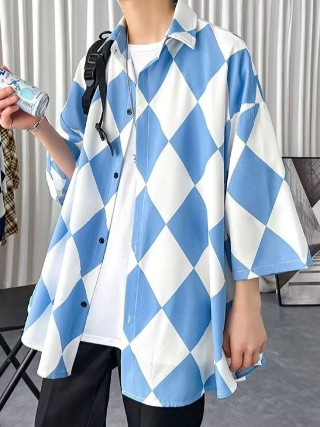

HERE&NOW Men Original Geometric Printed Oversized Casual Shirt, Blue