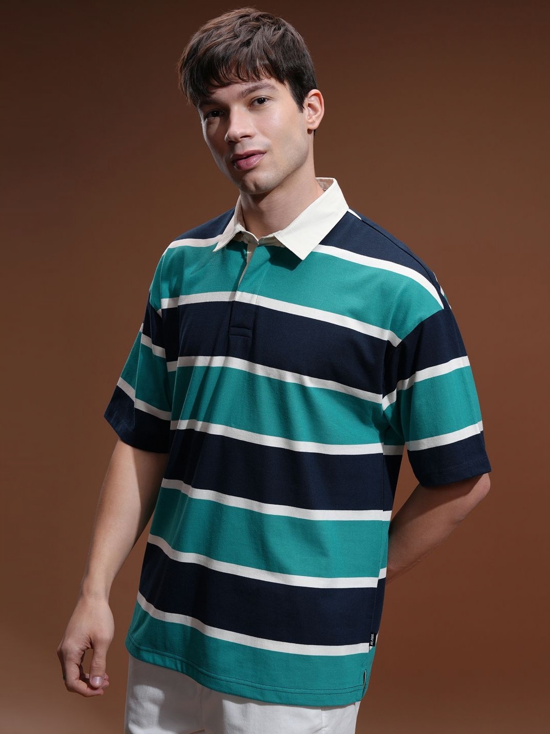 

HIGHLANDER Men Striped Polo Collar Oversized T-shirt, Navy blue