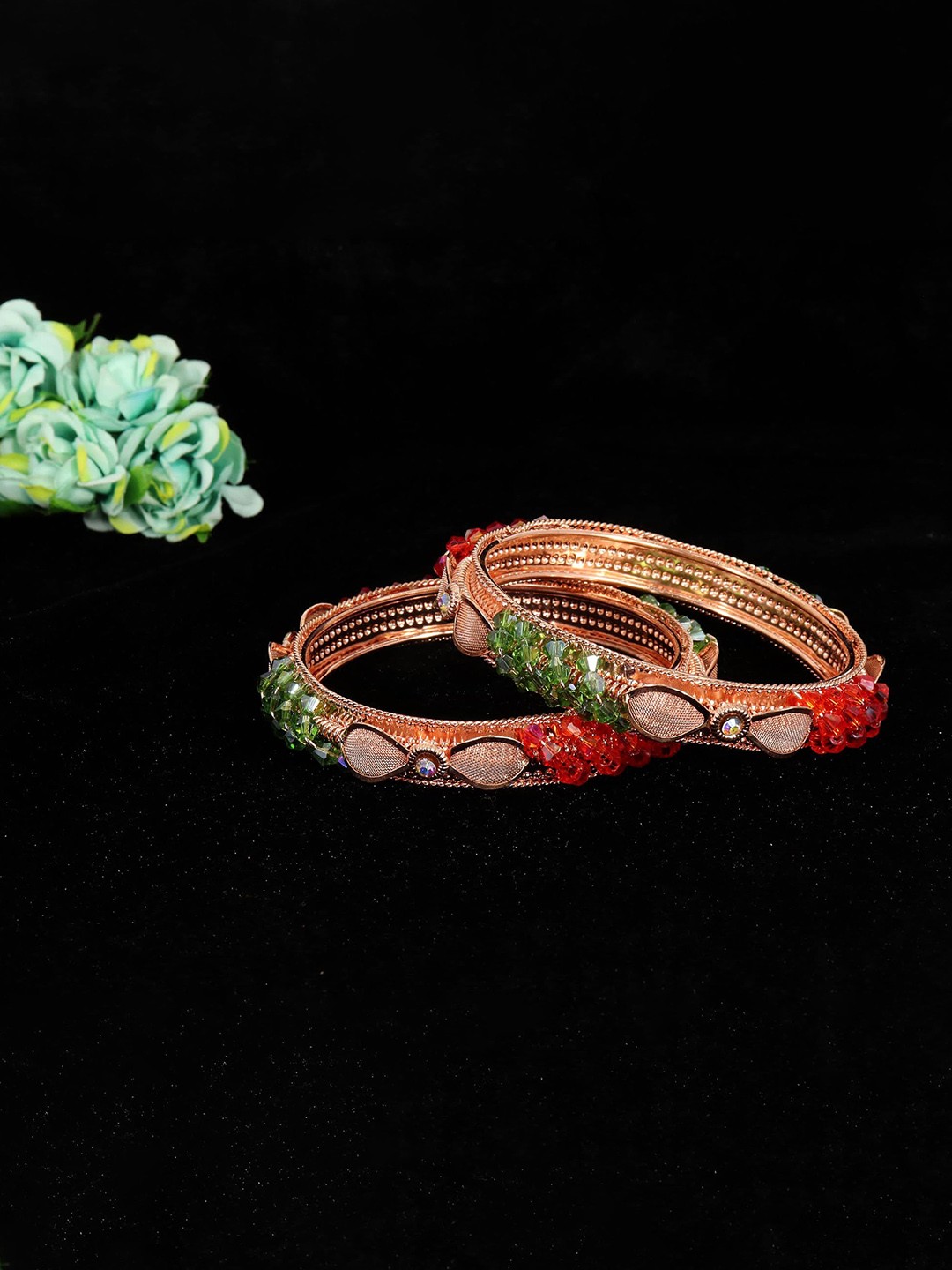 

ZULKA Set of 2 Rose Gold Plated Metal Kada Bangles, Multi