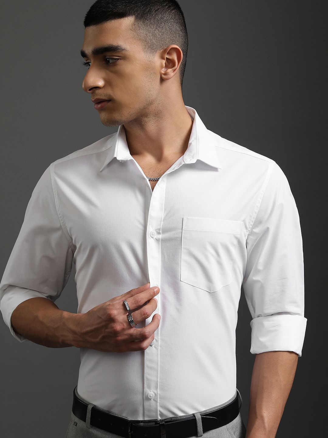

HIGHLANDER Men Spread Collar Solid Cotton Slim Fit Formal Shirt, White
