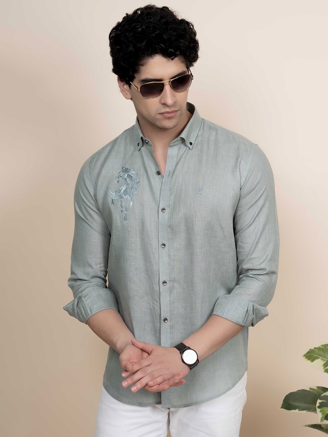 

ALMATY Men Comfort Button-Down Collar Printed Linen Casual Shirt, Grey