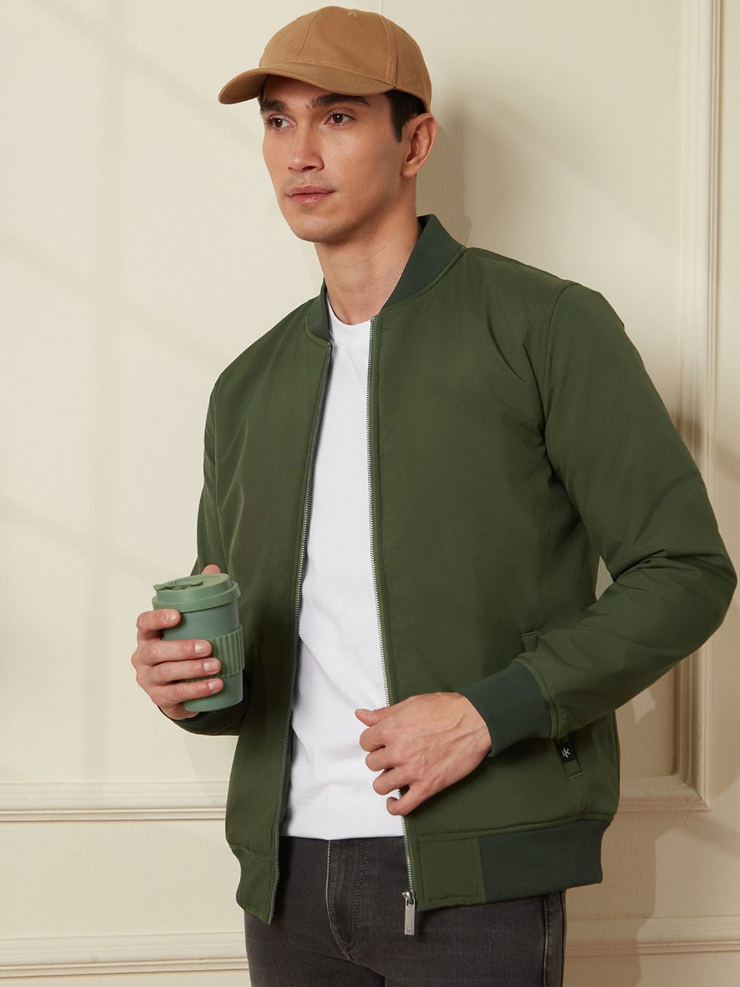 

WROGN Men Nylon Bomber with Embroidered Jacket, Olive
