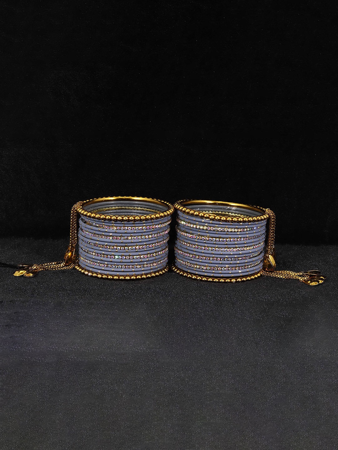 

ZULKA Set of 38 Rainbow Zircon Gemstone and Zari Dotted Metal Bangles, Grey