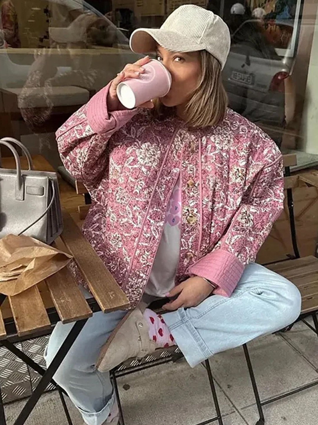 

LULU & SKY Women Collarless Floral Printed Casual Tailored Jacket, Pink