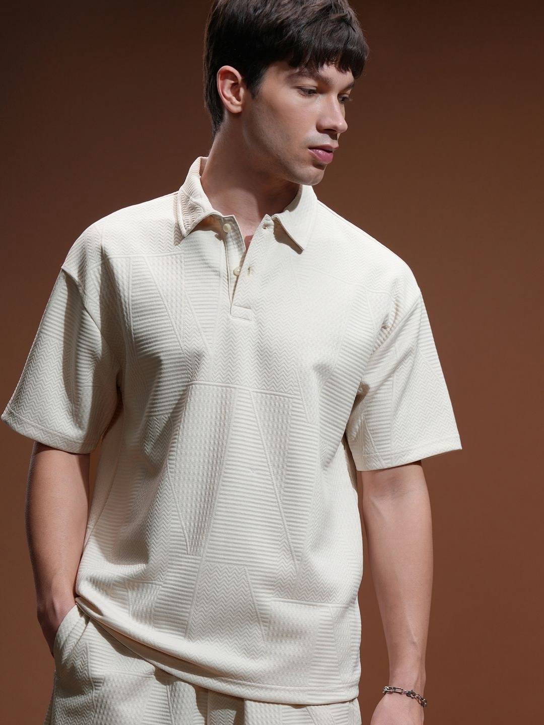 

HIGHLANDER Men Self Design Polo Collar Relaxed Fit T-shirt, Cream