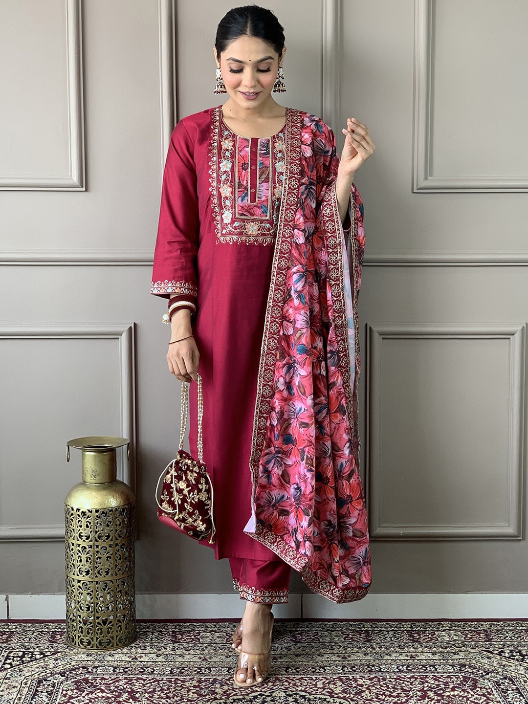 

PARNAVI Women Embroidered Thread Work Chanderi Cotton Kurta With Trousers & With Dupatta, Maroon