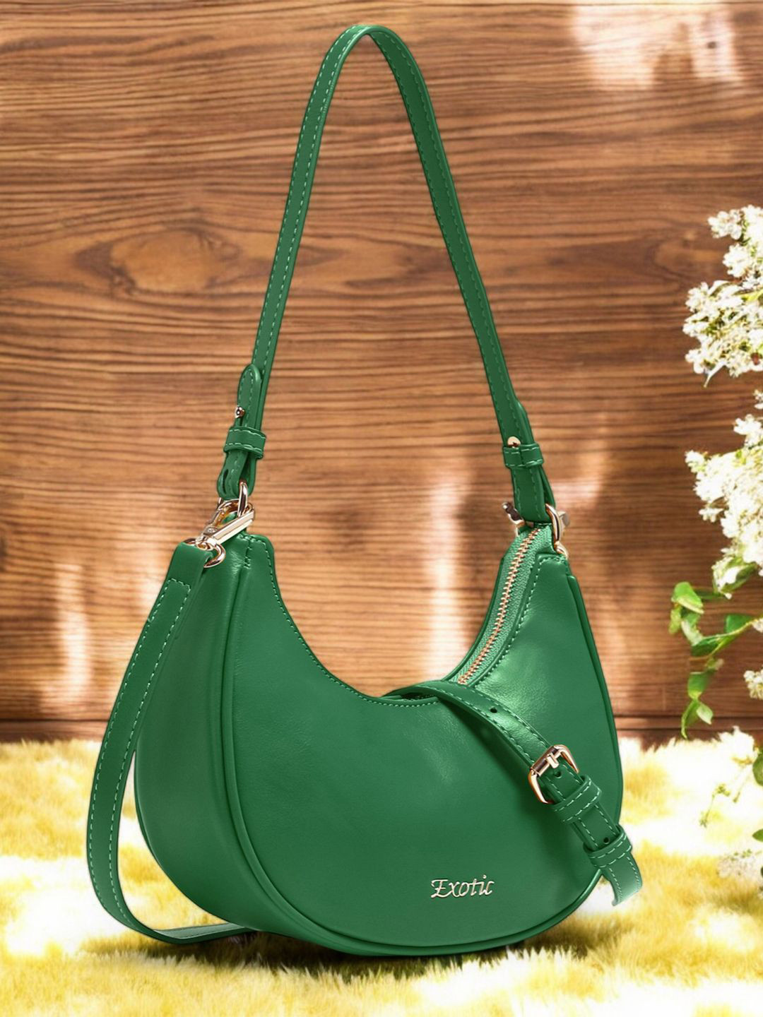 

Exotic Women Solid Half Moon Sling Bag, Green