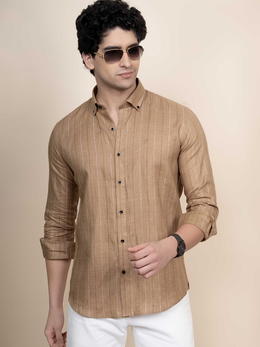 

ALMATY Men Comfort Button-Down Collar Vertical Striped Linen Casual Shirt, Brown