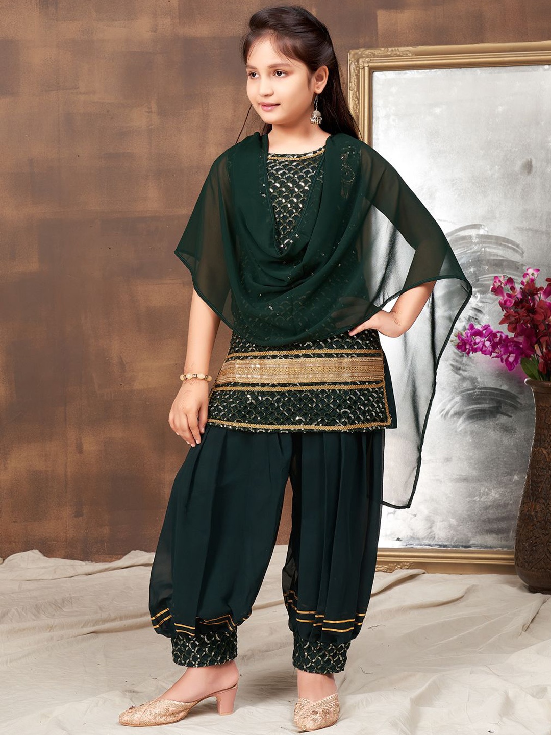 

Sangria Girls Embroidered With Sequin Work Kurti Salwar With Dupatta, Green