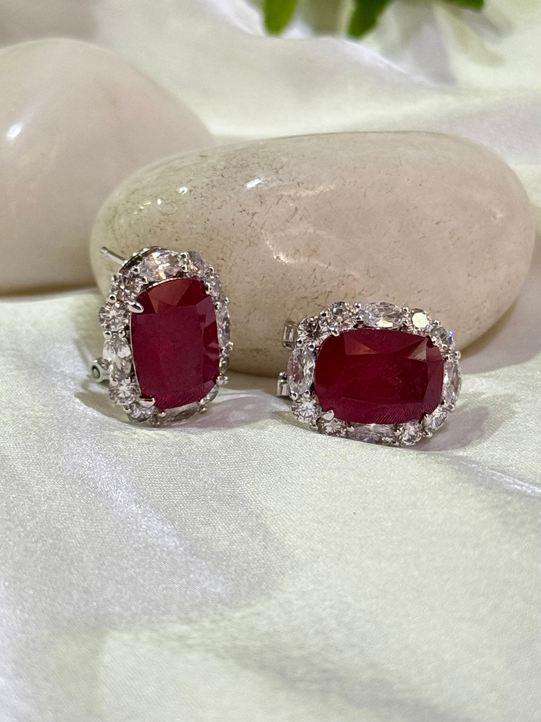 

The Jewellery Tale Silver-Plated Baguette American Diamond Stone Studded Studs, Red