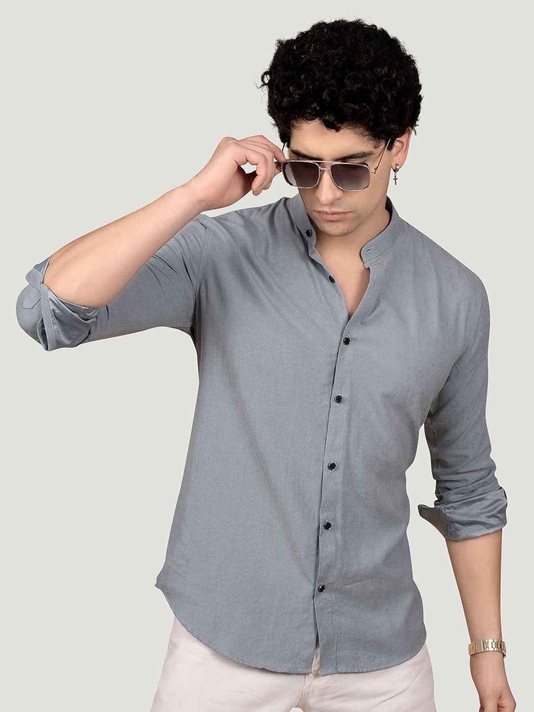 

ALMATY Men Comfort Band Collar Solid Slim Fit Casual Shirt, Grey