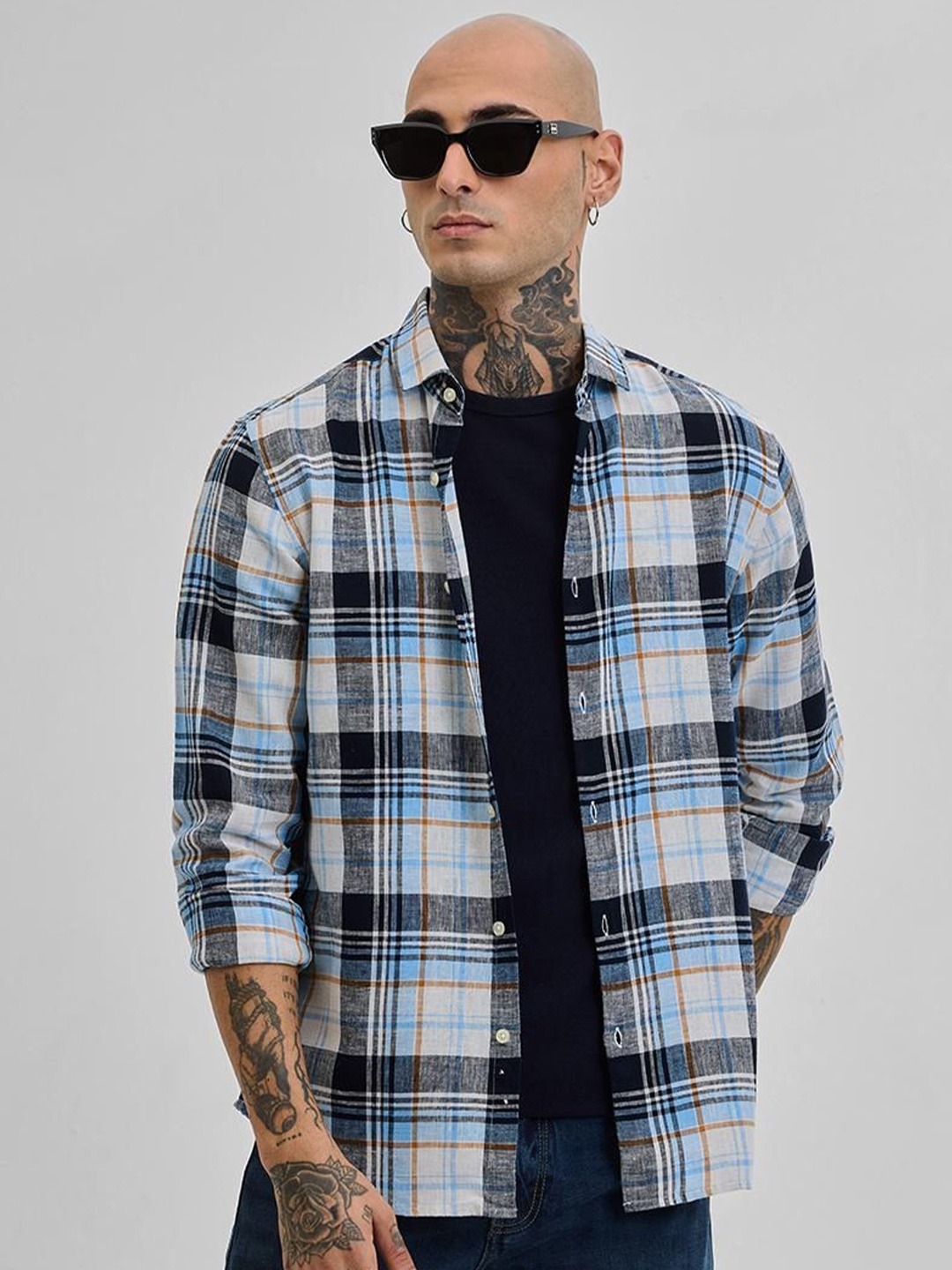 

Snitch Men Smart Spread Collar Tartan Checked Linen Relaxed Fit Casual Shirt, Blue