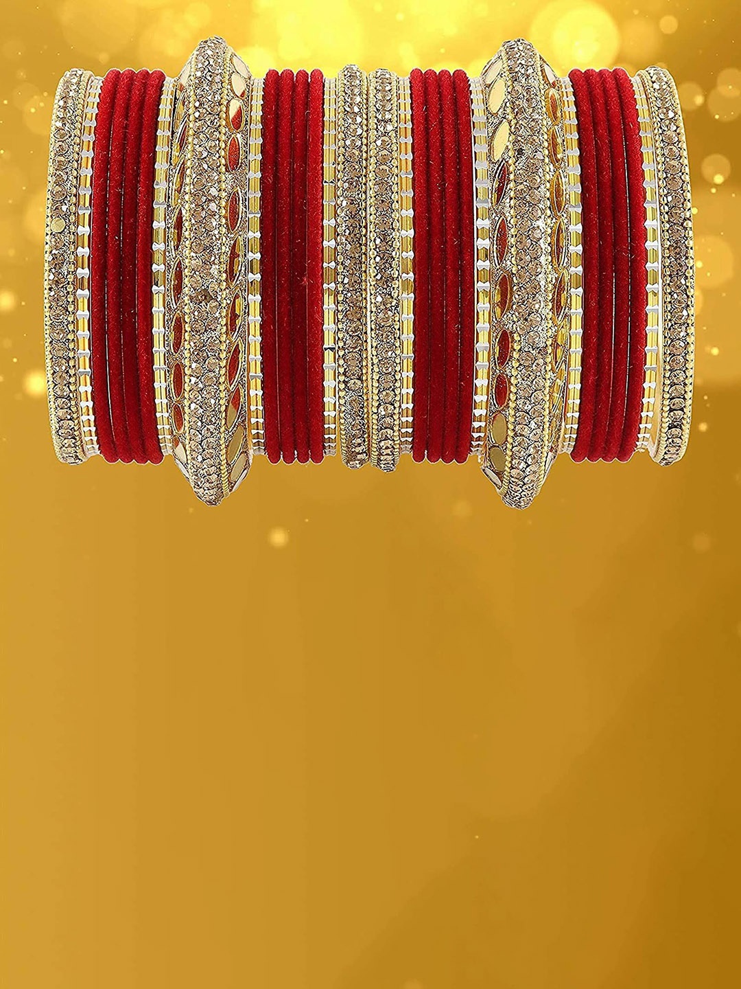 

ZULKA Set of 60 Gold Plated Metal with Zircon Stone & Beads Bangles Chuda, Red