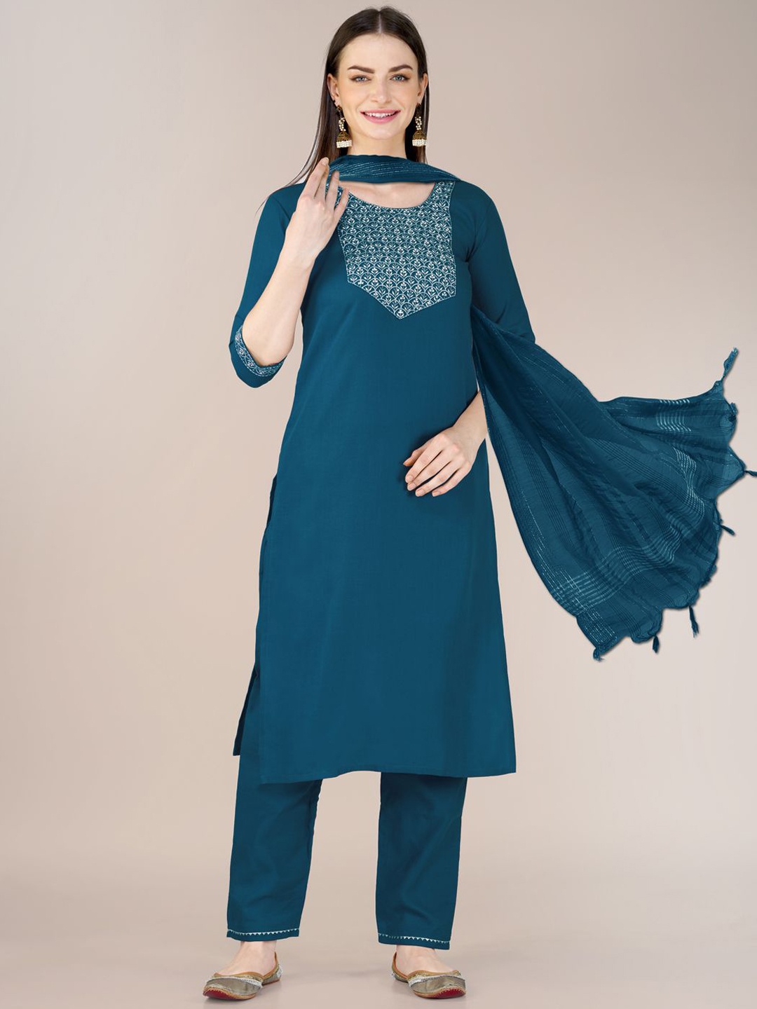 

BERISTON Ethnic Motifs Embroidered Regular Straight Kurta with Trousers & Dupatta, Navy blue