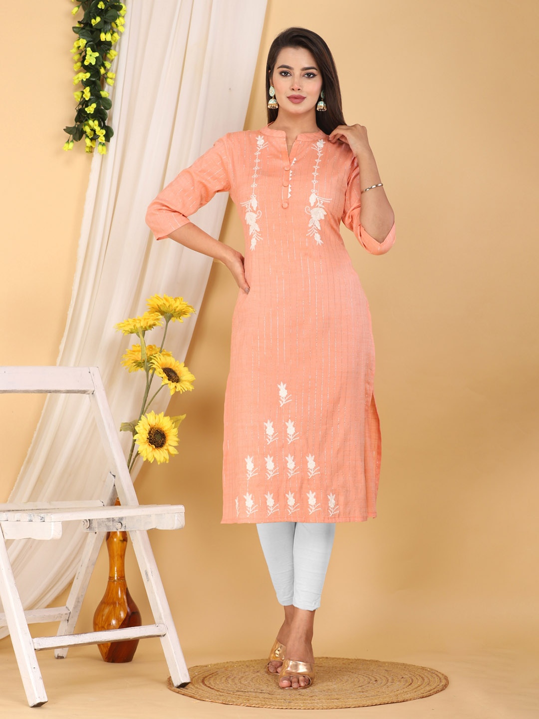 

Mehsoos Floral Embroidered Mandarin Collar Thread Work Cotton Straight Kurta, Orange