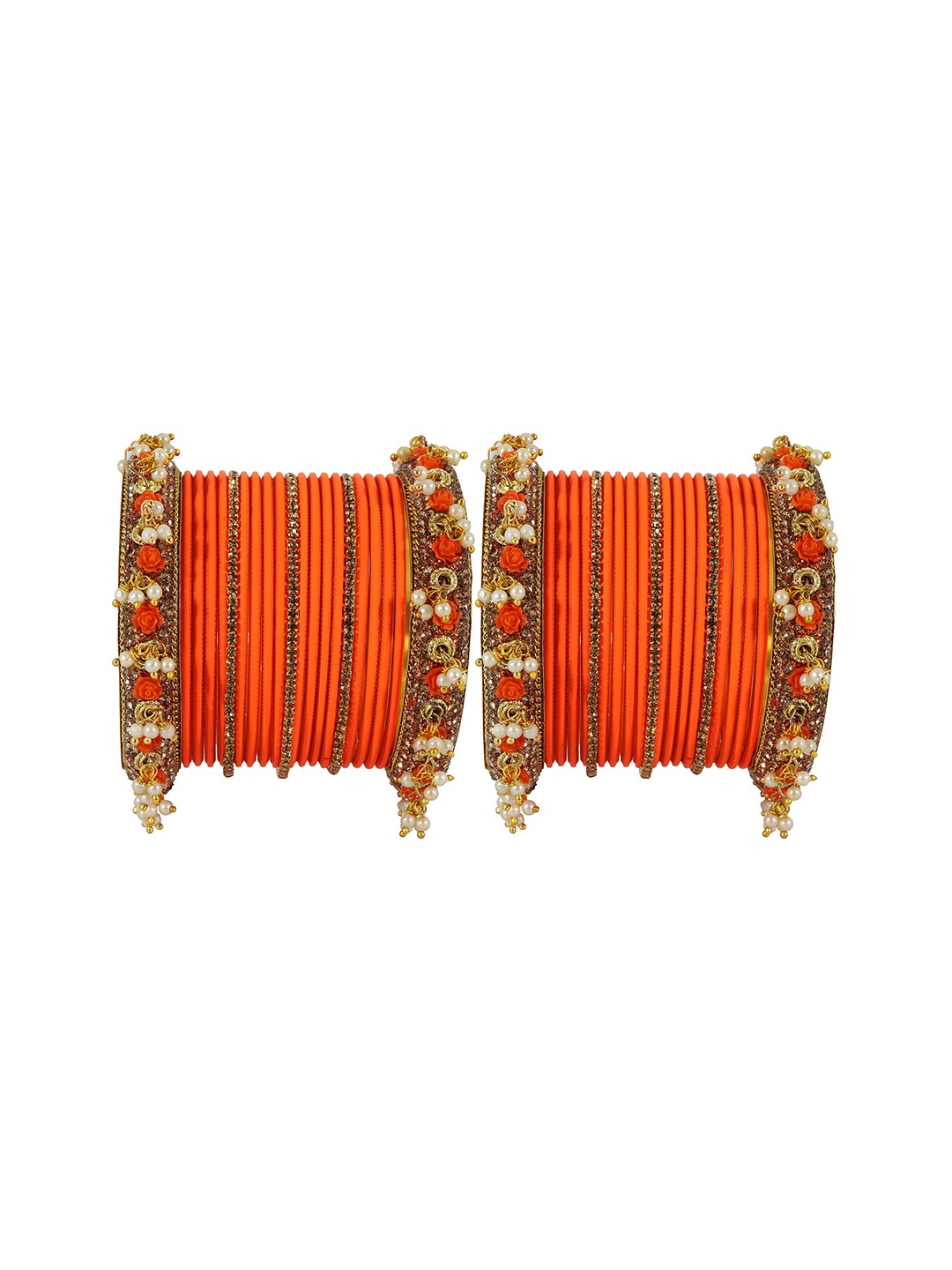 

ZULKA Set of 42 Orange Metal Base with Zircon Gemstone and Pearl linked Latkan Bangles, Red
