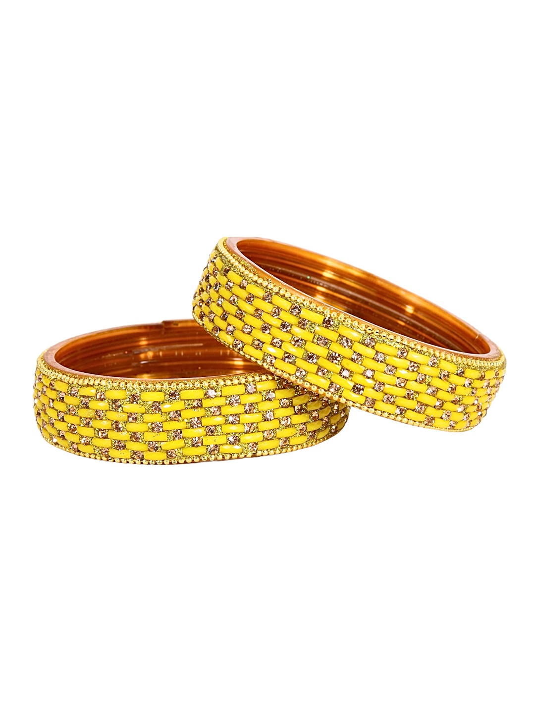 

ZULKASet of 2 Golden Glass Zircon Diamond & Beads Work Kada Bangles, Yellow