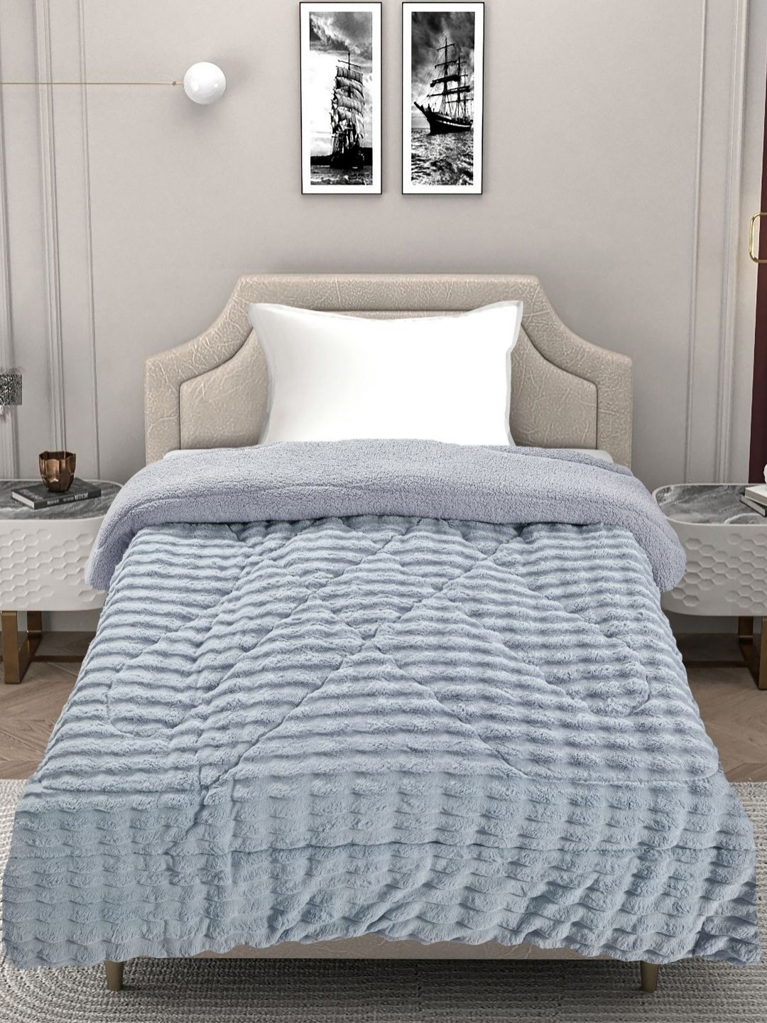 

FABINALIV Grey Striped Woollen Heavy Winter Single Bed Quilt