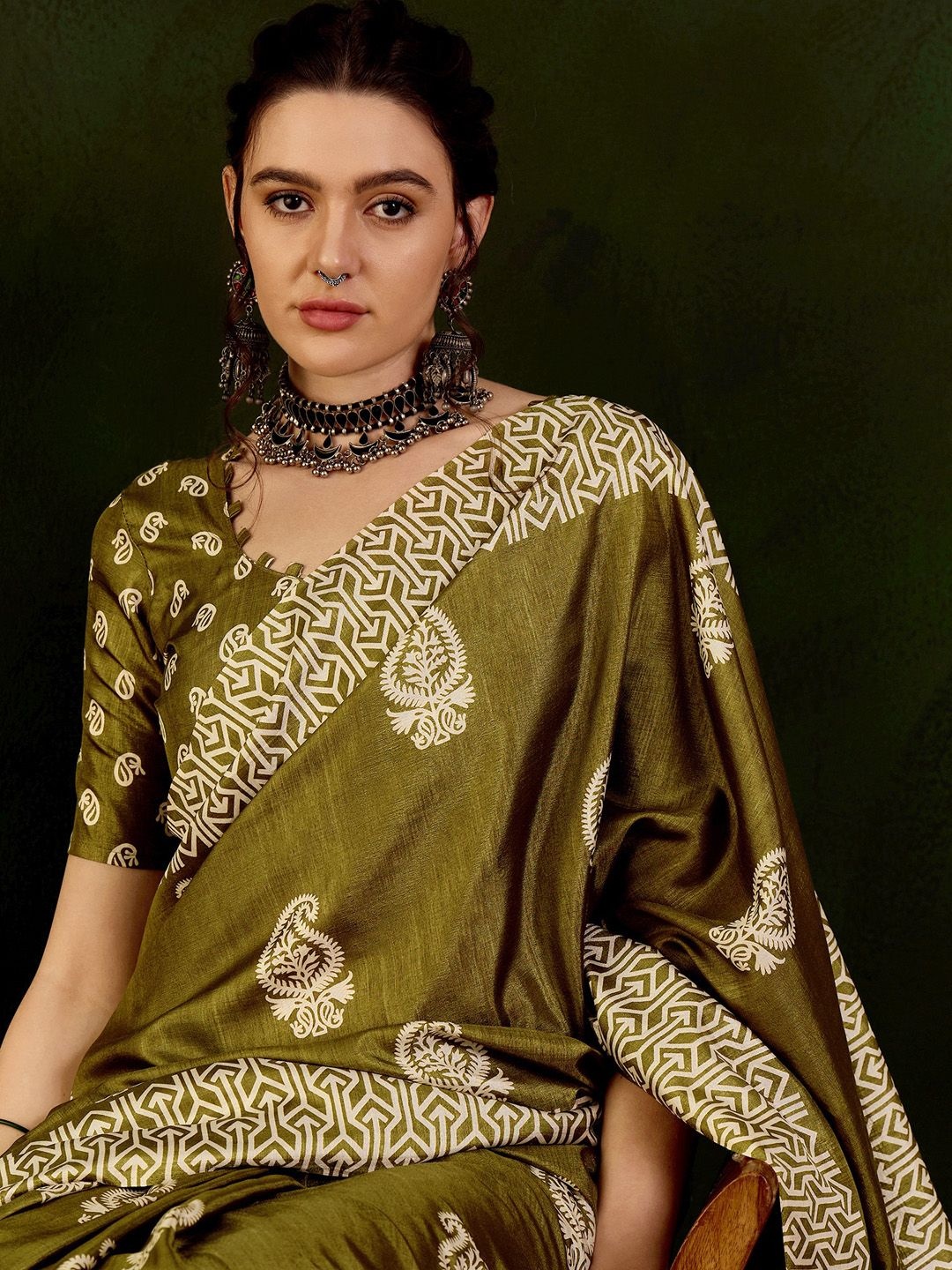 

Sangria Printed Bagru Saree, Olive