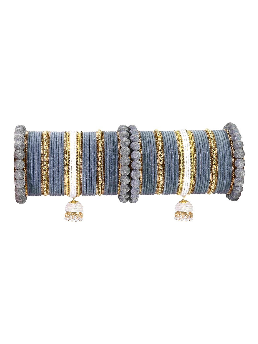 

ZULKA Set of 70 Metal Bridal Chuda with Pearls Bangles, Grey
