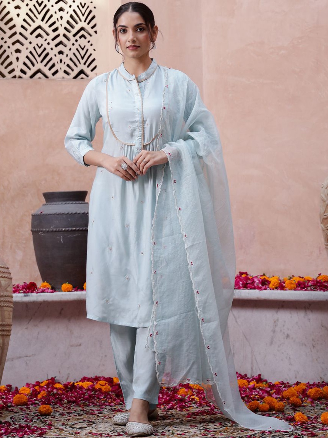 

RangDeep Women Regular Beads and Stones Kurti with Trousers & With Dupatta, Blue